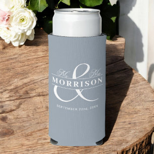 Mr Mrs Dusty Blue Romantic Wedding Favor Seltzer Can Cooler