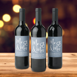 Mr Mrs Dusty Blue Wedding Wine Label