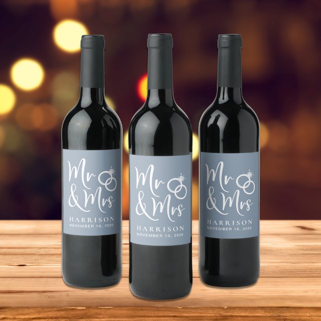 Mr Mrs Dusty Blue Wedding Wine Label (Creator Uploaded)