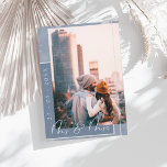 Mr & Mrs Dusty Blue White Script Photo Save The Date<br><div class="desc">Mr. and Mrs. Dusty Blue and White Script Photo Save the Date Card. Stylishly impress your guests with this stylish, simple, powder blue, photo wedding save-the-date card, with a modern white script over a bokhe light blue and dusty blue background, stylishly showing the date of the wedding horizontally along the...</div>