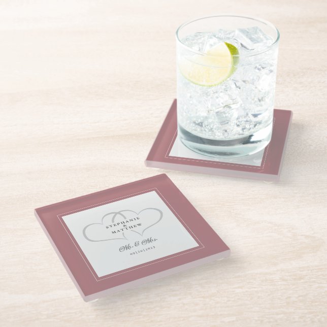 Mr & Mrs Dusty Rose Elegant Wedding Chic Hearts Glass Coaster (Angled)