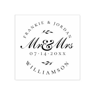 Mr & Mrs Elegant Calligraphy Script Wedding Date Rubber Stamp