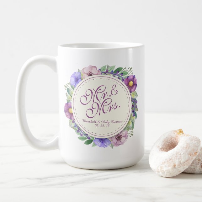 Mr. & Mrs. Elegant Floral Wedding Classic Mug (With Donut)