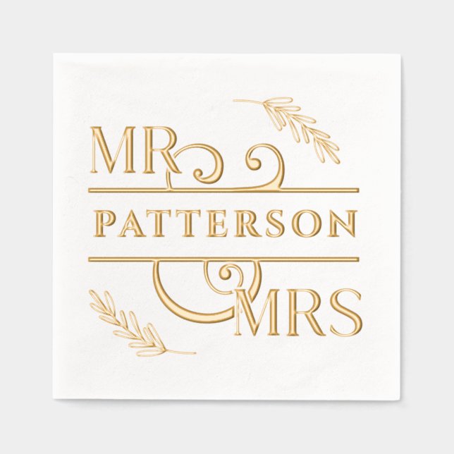 Mr & Mrs Elegant Floral Wedding Foil Napkins (Front)