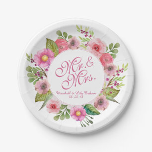 Mr. & Mrs. Elegant Floral Wedding Paper Plate