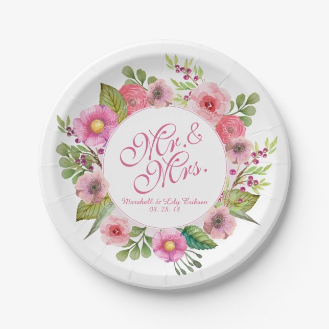 Mr. & Mrs. Elegant Floral Wedding | Paper Plate (Front)