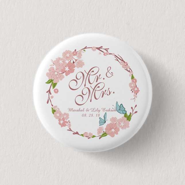 Mr. & Mrs. Elegant Floral Wedding | Pin Button (Front)