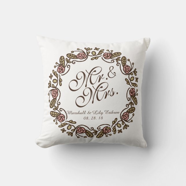 Mr. & Mrs. Elegant Floral Wedding | Throw Pillow (Front)