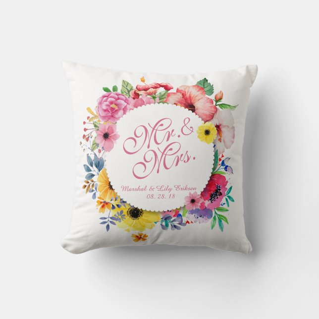 Mr. & Mrs. Elegant Floral Wedding | Throw Pillow (Front)