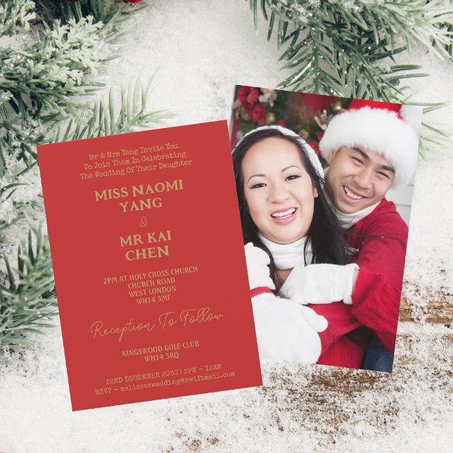 Mr & Mrs Elegant Gold Script Red Wedding Invitation (Front And Back)