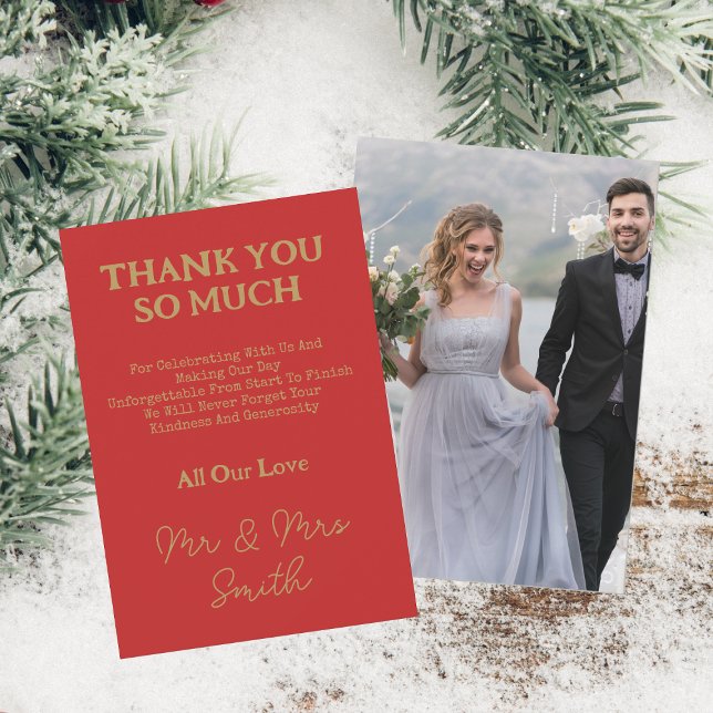 Mr & Mrs Elegant Gold Script Wedding Photo Red Thank You Card (Front And Back)