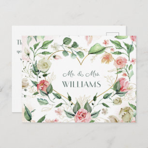 Mr. & Mrs. Elegant Pink Floral Gold Heart Wedding Postcard