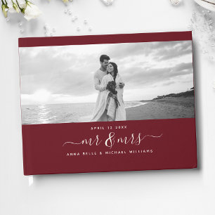 Mr & Mrs Elegant Script Burgundy Photo Wedding Guest Book