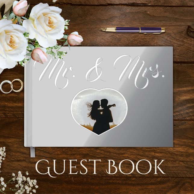 Mr Mrs Elegant Silver Foil Photo Heart Wedding Guest Book (Creator Uploaded)