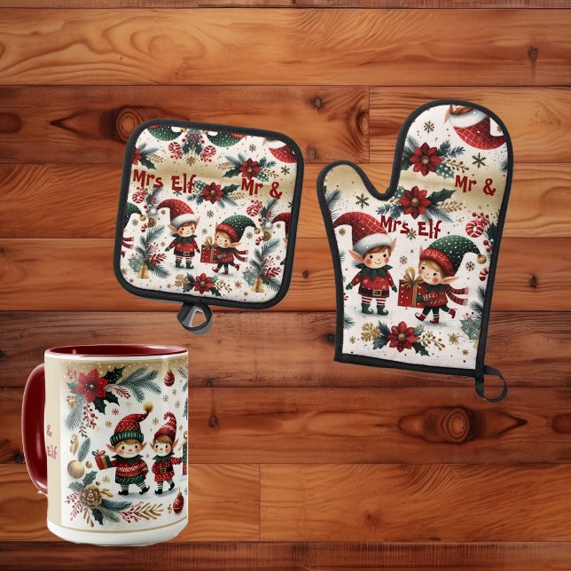 Mr & Mrs Elf Christmas Poinsettia Green Botanicals Oven Mitt & Pot Holder Set (Mr & Mrs Elf Christmas Poinsettia Green Botanicals Oven Mitt & Pot Holder Set)