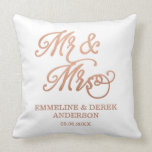 Mr & Mrs Faux Copper | Custom Names & Wedding Date Cushion<br><div class="desc">White throw pillow with Mr & Mrs in printed copper tones,  making for a lovely gifts for newly weds.</div>