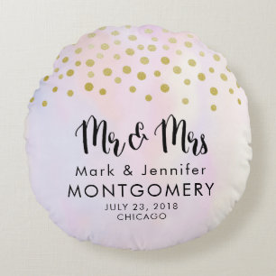 Mr. & Mrs.  Faux Gold Confetti on Purple Wedding Round Cushion