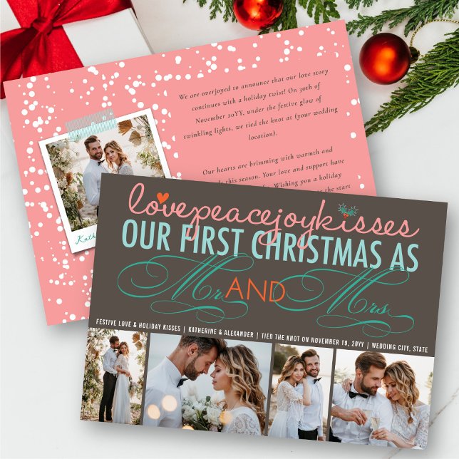 Mr & Mrs First Christmas 4 Photo Holiday Wedding Card (Love Peace Joy Kisses - Mr & Mrs First Christmas 4 Photo Holiday Wedding Announcement by fat*fa*tin)
