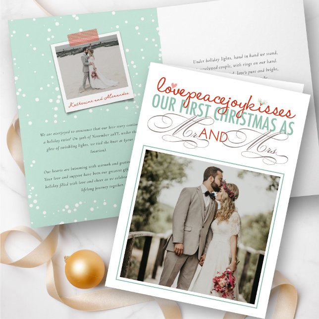 Mr & Mrs First Christmas Mistletoes Photo Wedding Holiday Card (Love Peace Joy Kisses Our First Christmas As Mr & Mrs Photo Wedding Holiday Card @ fat_fa_tin)