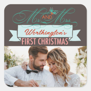 Mr & Mrs First Christmas Mistletoes Photo Wedding Square Sticker