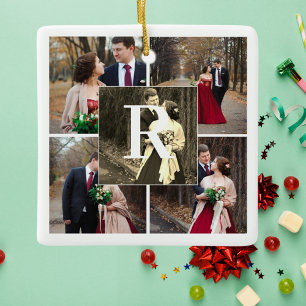 Mr. Mrs. First Christmas Monogram And 5 Photo Ceramic Ornament