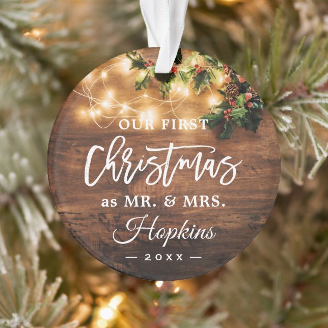 Mr Mrs First Christmas Rustic String Lights Photo Ornament (Tree)