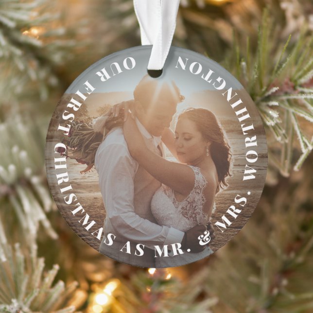 Mr & Mrs First Christmas Simple Text Circle Photo Ornament (Tree)
