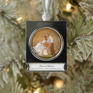 Mr & Mrs First Christmas Simple Text Circle Photo Silver Plated Banner Ornament