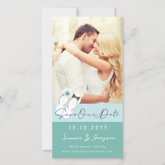Mr & Mrs Flip Flops Hibiscus Beach Wedding Photo Save The Date (Front)