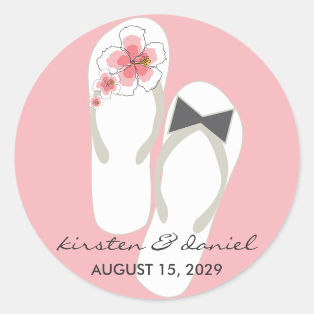 Mr & Mrs Flip Flops Hibiscus Beach Wedding Sticker (Front)