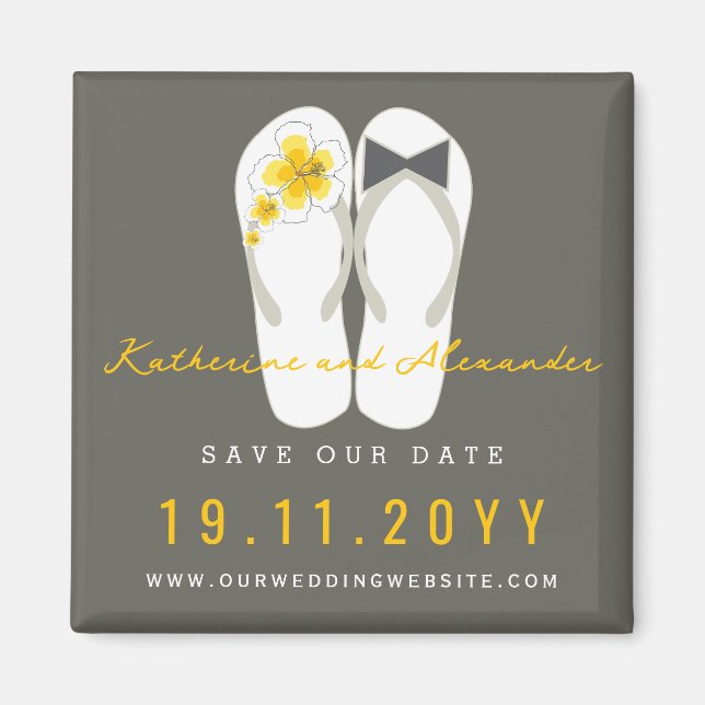 Mr & Mrs Flip Flops Hibiscus Wedding Save The Date Magnet (Front)