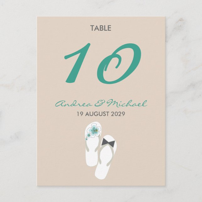 Mr & Mrs Flip Flops Wedding Table Number Card (Front)