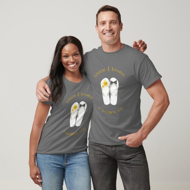 Mr & Mrs Flip Flops Yellow Hibiscus Beach Wedding T-Shirt (Unisex)