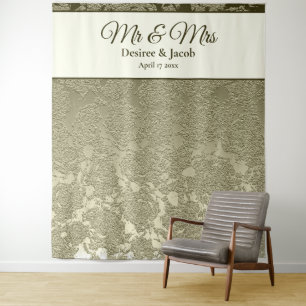 Mr & Mrs Floral Elegant Sage Green Ivory Backdrop Tapestry
