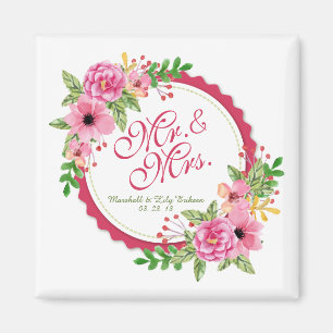 Mr. & Mrs. Floral Watercolor Wedding Magnet
