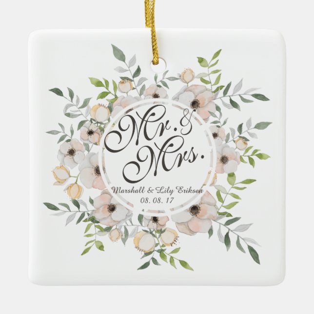 Mr. & Mrs. Floral Watercolor Wedding | Ornament (Front)