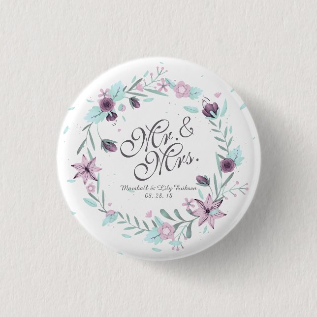 Mr. & Mrs. Floral Watercolor Wedding Pin Button (Front)