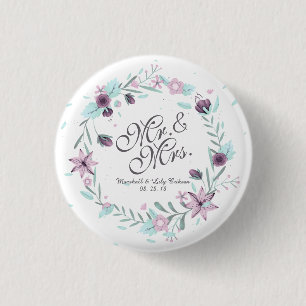 Mr. & Mrs. Floral Watercolor Wedding Pin Button