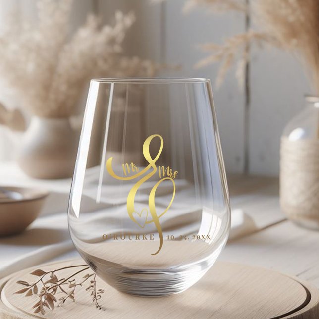 Mr. & Mrs. Gold Calligraphy Ampersand Wedding  Stemless Wine Glass (Creator Uploaded)