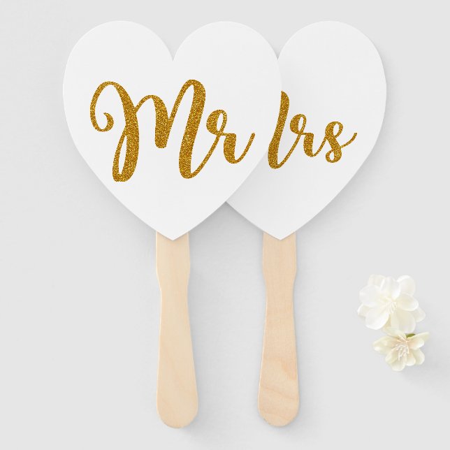 Mr & Mrs Gold Glitter Typography Hand Fan (Front and Back)