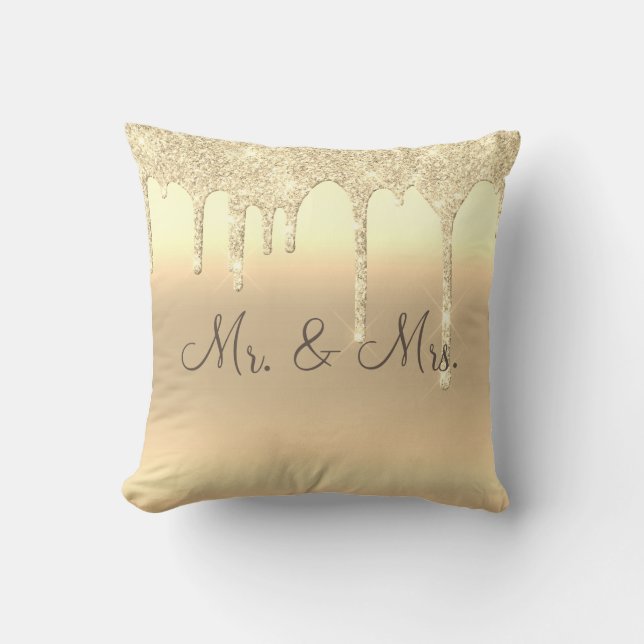 Mr. & Mrs. Gold Glitter Wedding Keepsake Elegant Cushion (Front)