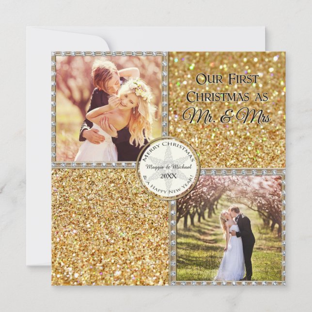 Mr. & Mrs. Gold Shimmering Glitter Christmas Photo Holiday Card (Front)