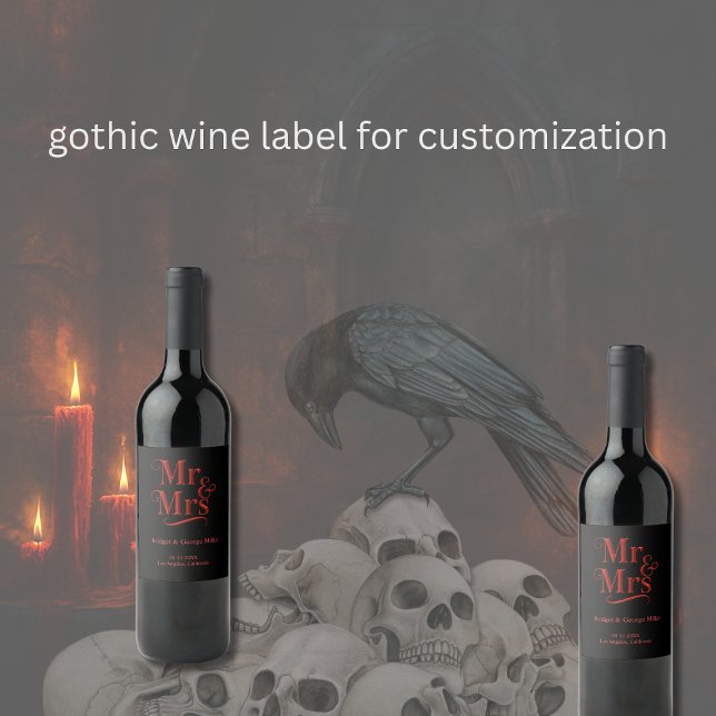 Mr & Mrs Gothic Wedding – Red Metallic script  Wine Label (Creator Uploaded)