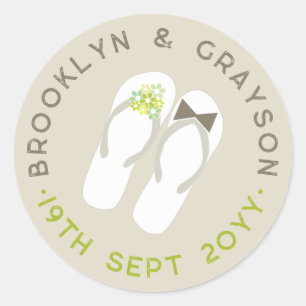 Mr & Mrs Green Flowers Flip Flops Beach Wedding Classic Round Sticker