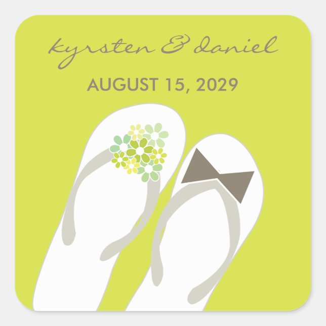 Mr & Mrs Green Flowers Flip Flops Beach Wedding Square Sticker (Front)