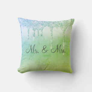 Mr. & Mrs Green Glitter Keepsake Elegant Cushion