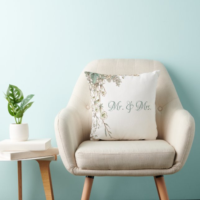 Mr. & Mrs. Greenery Floral Script Elegant Wedding Cushion (Chair)