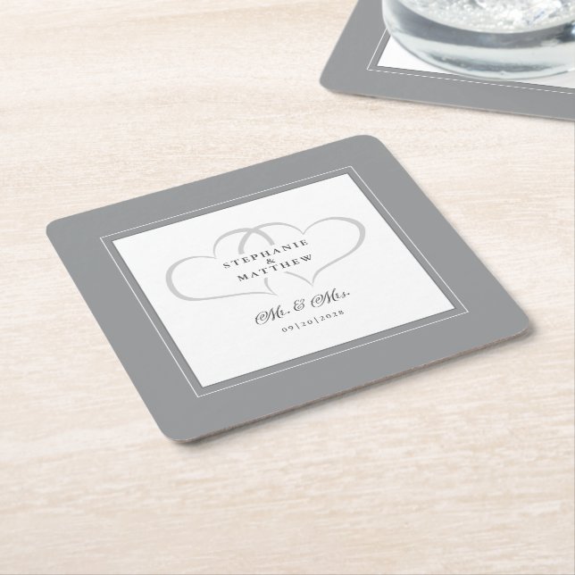 Mr & Mrs Grey & White Elegant Hearts Wedding Chic Square Paper Coaster (Angled)
