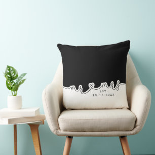 Mr Mrs Heart Script Black White Wedding Pillow