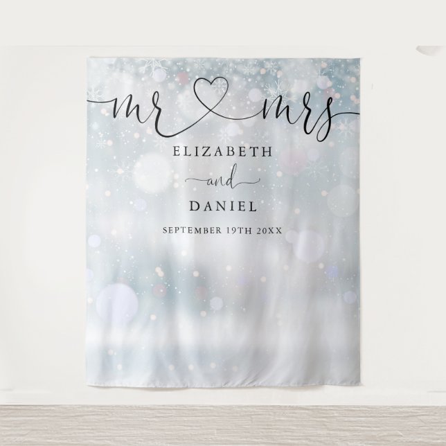Mr Mrs Heart Script Winter Wedding Photo Backdrop Tapestry (Front)
